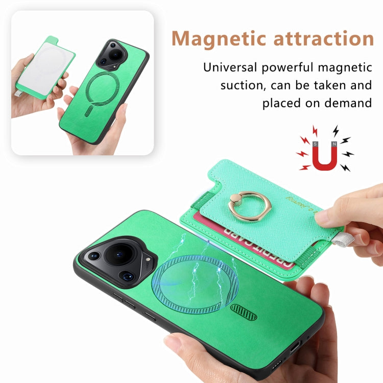 For Huawei Pura 70 Retro Magsafe Cross Leather Ring Holder Card Bag Phone Case(Green)