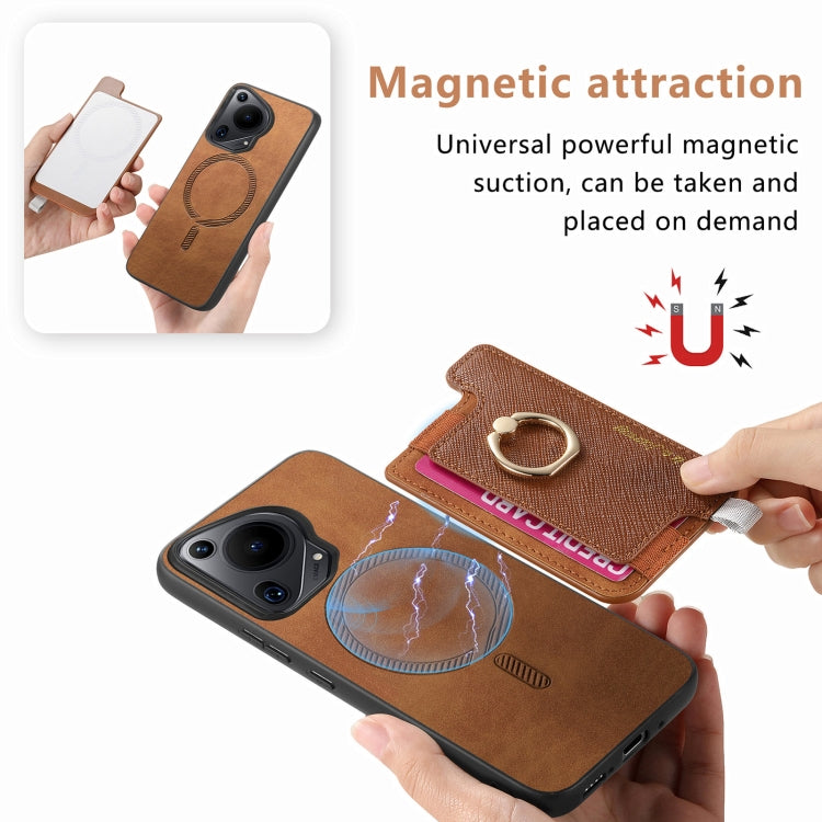 For Huawei Pura 70 Retro Magsafe Cross Leather Ring Holder Card Bag Phone Case(Brown)