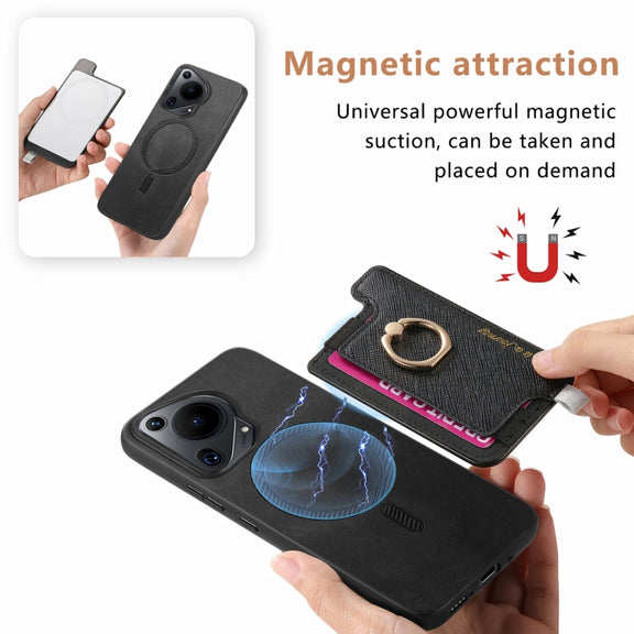 For Huawei Pura 70 Retro Magsafe Cross Leather Ring Holder Card Bag Phone Case(Black)