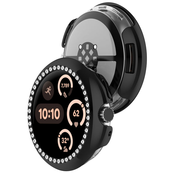For Google Pixel Watch 3 45mm Diamond Electroplated PC Half Coverage Watch Protective Case(Black)