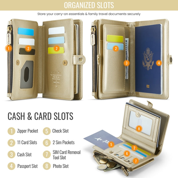 CaseMe-Me60 Multi-functional Anti-theft Swipe Passport Wallet(Gold)