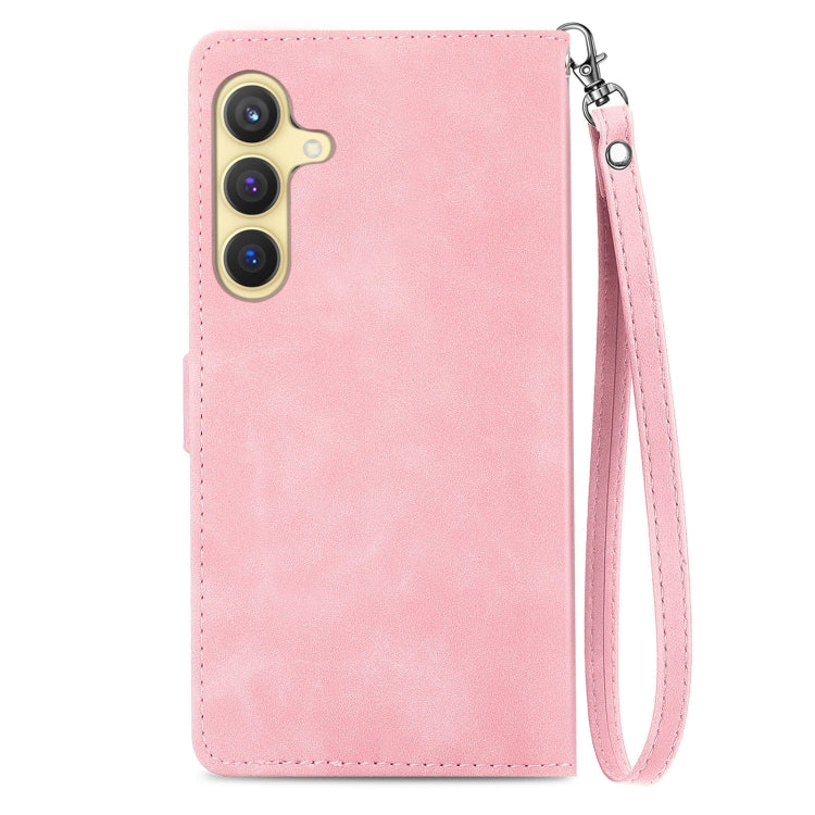 For Samsung Galaxy S25 5G Embossed Flower Zipper Leather Phone Case(Pink)