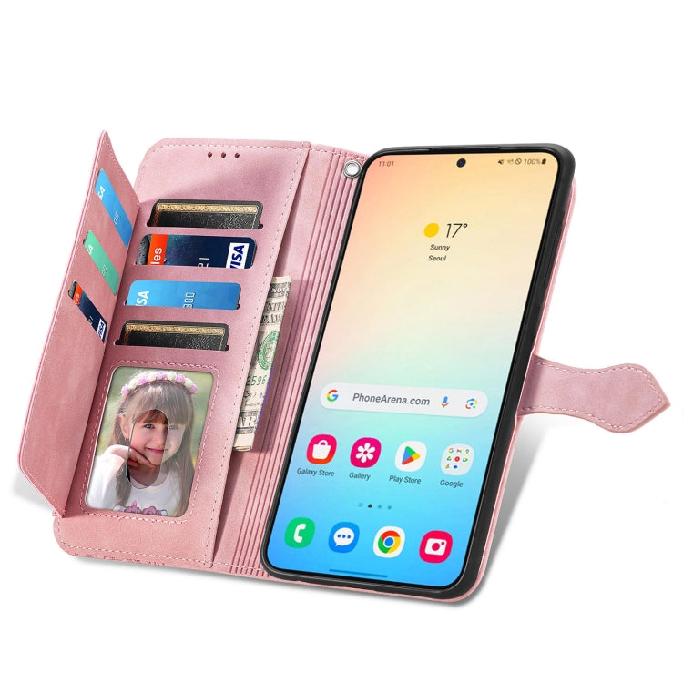For Samsung Galaxy S25 5G Embossed Flower Zipper Leather Phone Case(Pink)