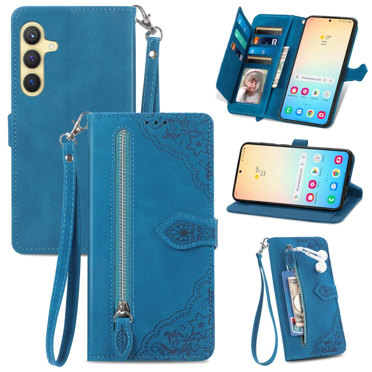 For Samsung Galaxy S25 5G Embossed Flower Zipper Leather Phone Case(Blue)