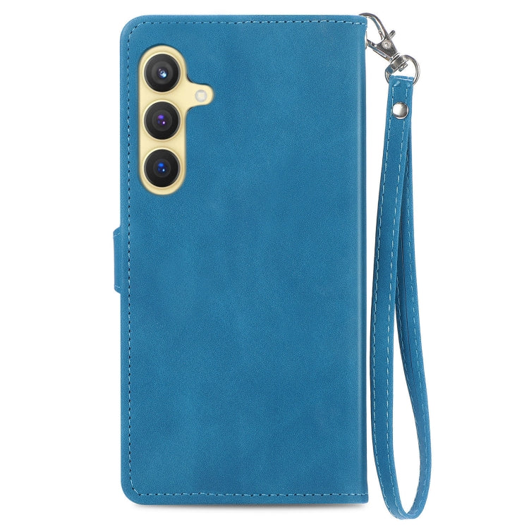 For Samsung Galaxy S25 5G Embossed Flower Zipper Leather Phone Case(Blue)