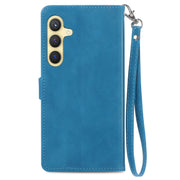 For Samsung Galaxy S25 5G Embossed Flower Zipper Leather Phone Case(Blue)
