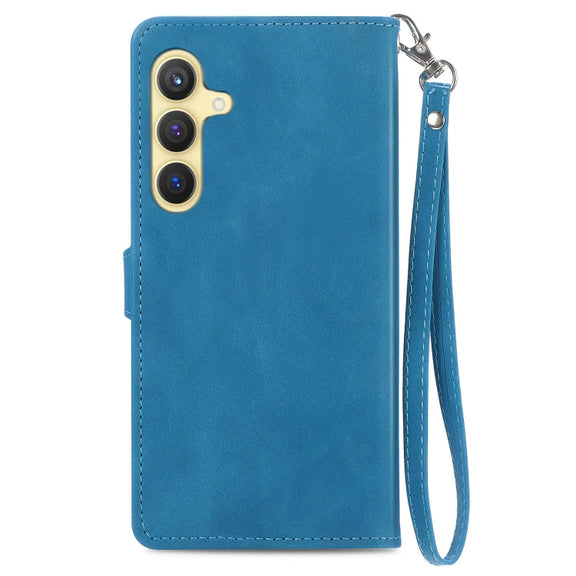 For Samsung Galaxy S25 5G Embossed Flower Zipper Leather Phone Case(Blue)
