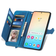 For Samsung Galaxy S25 5G Embossed Flower Zipper Leather Phone Case(Blue)