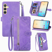 For Samsung Galaxy S25 5G Embossed Flower Zipper Leather Phone Case(Purple)