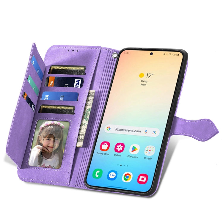 For Samsung Galaxy S25 5G Embossed Flower Zipper Leather Phone Case(Purple)