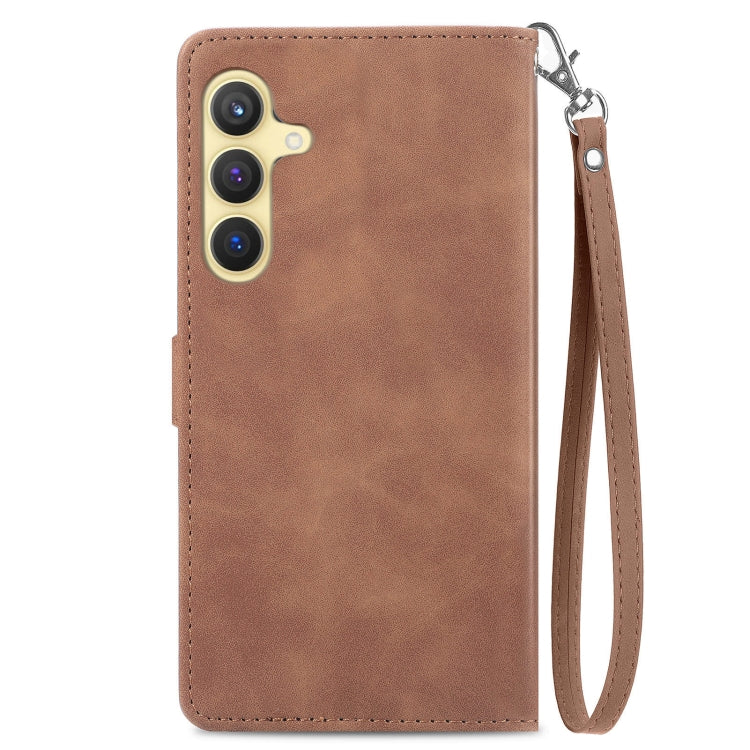 For Samsung Galaxy S25 5G Embossed Flower Zipper Leather Phone Case(Brown)