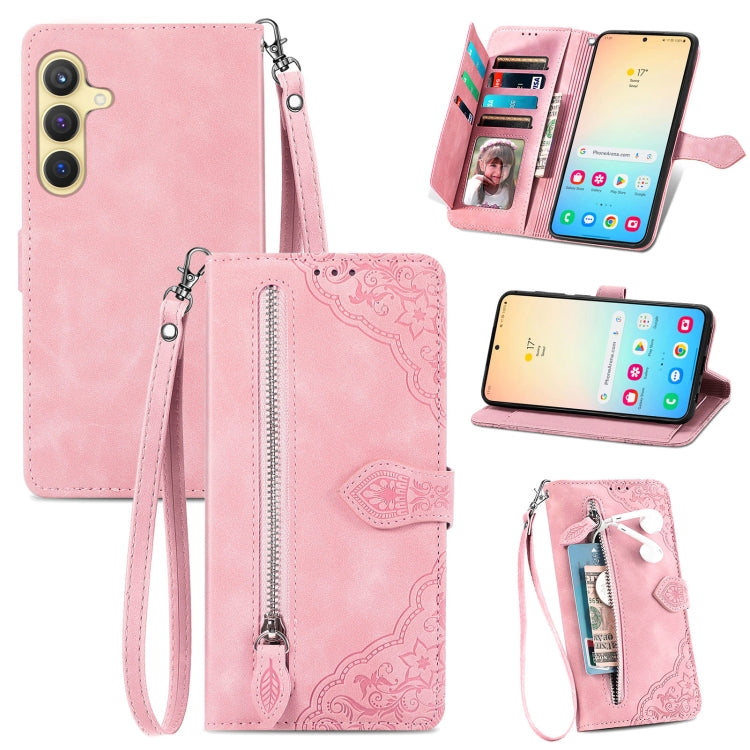 For Samsung Galaxy S25+ 5G Embossed Flower Zipper Leather Phone Case(Pink)