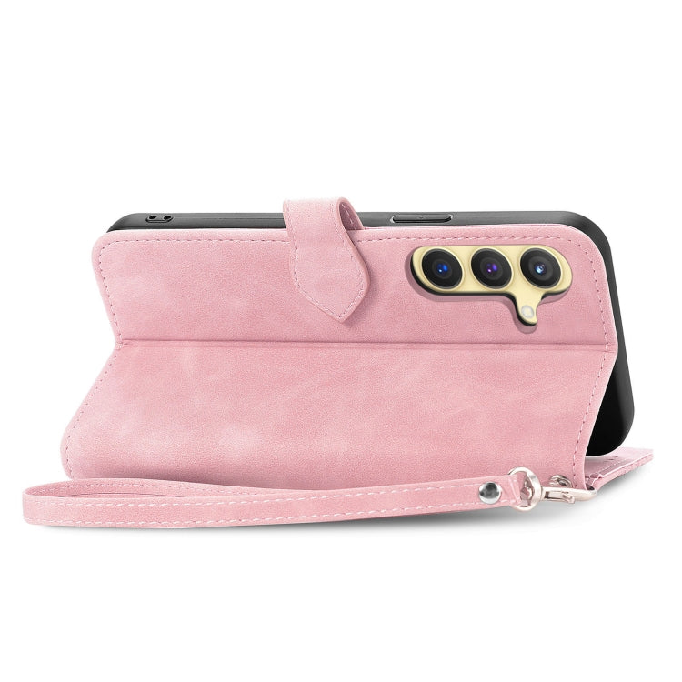 For Samsung Galaxy S25+ 5G Embossed Flower Zipper Leather Phone Case(Pink)
