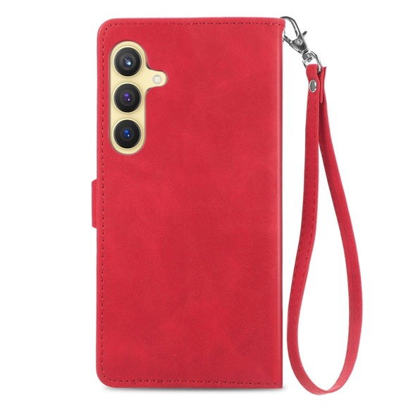 For Samsung Galaxy S25+ 5G Embossed Flower Zipper Leather Phone Case(Red)