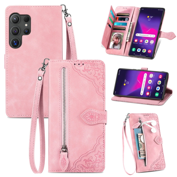 For Samsung Galaxy S25 Ultra 5G Embossed Flower Zipper Leather Phone Case(Pink)
