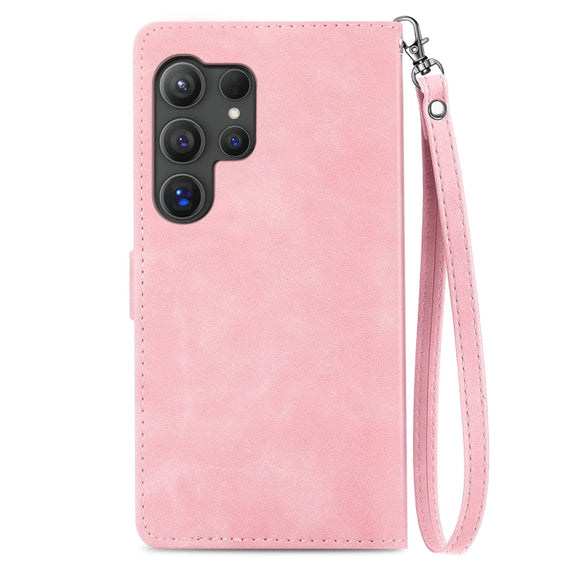 For Samsung Galaxy S25 Ultra 5G Embossed Flower Zipper Leather Phone Case(Pink)