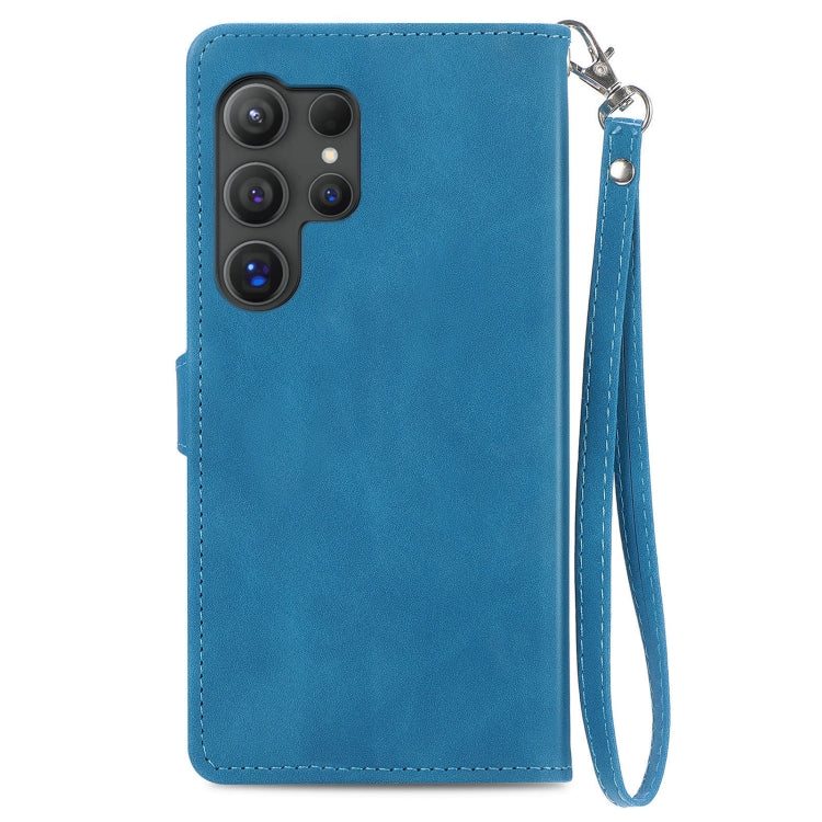 For Samsung Galaxy S25 Ultra 5G Embossed Flower Zipper Leather Phone Case(Blue)