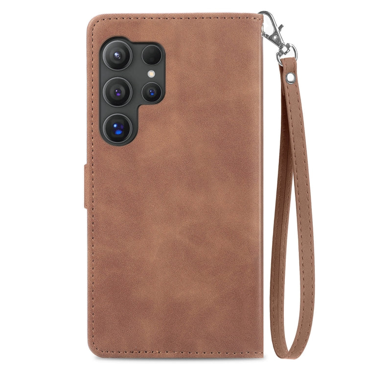 For Samsung Galaxy S25 Ultra 5G Embossed Flower Zipper Leather Phone Case(Brown)