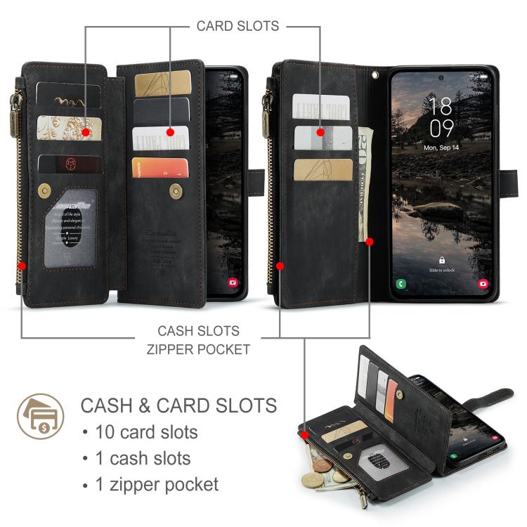 For Samsung Galaxy S25+ 5G CaseMe C30 Card Slots Zipper Wallet Leather Phone Case(Black)