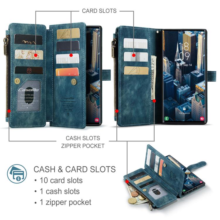 For Samsung Galaxy S25 Ultra 5G CaseMe C30 Card Slots Zipper Wallet Leather Phone Case(Blue)