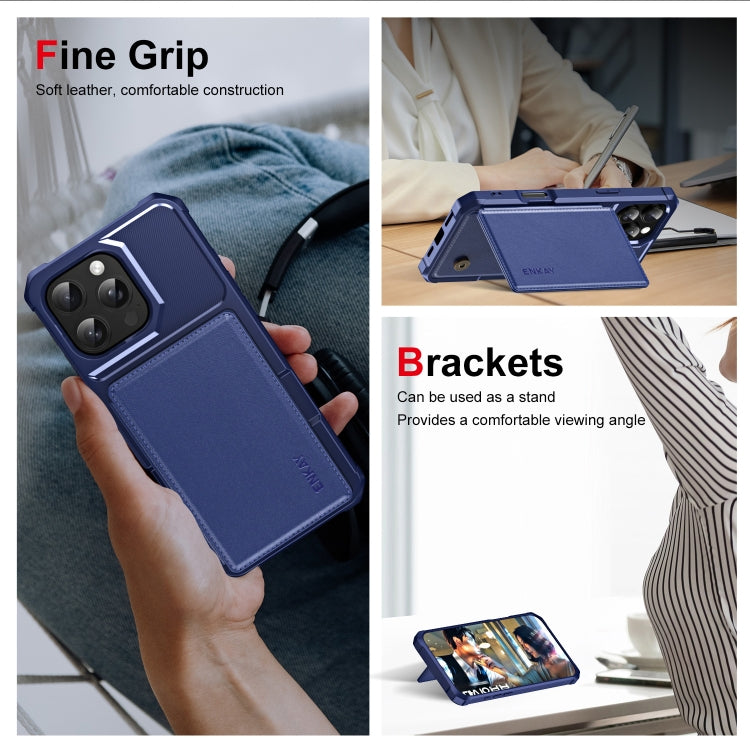 For iPhone 16 Pro Max ENKAY Hat-Prince Card Slot Wallet TPU Back Leather Phone Case with Lens Film(Dark Blue)