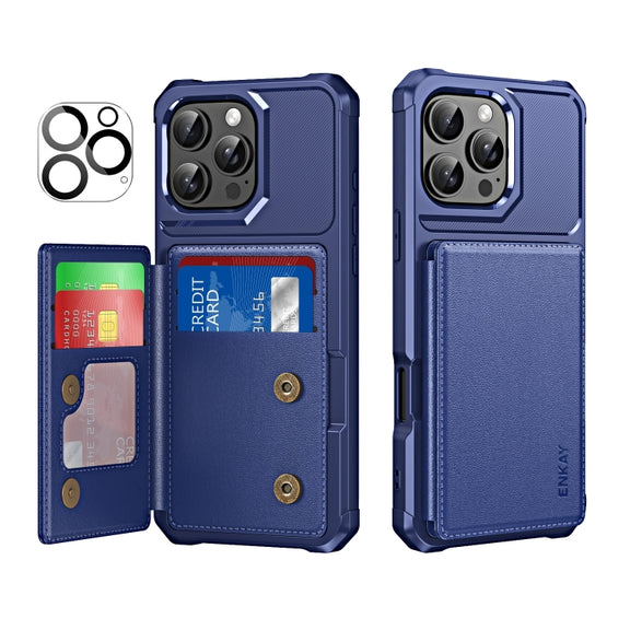 For iPhone 16 Pro ENKAY Hat-Prince Card Slot Wallet TPU Back Leather Phone Case with Lens Film(Dark Blue)