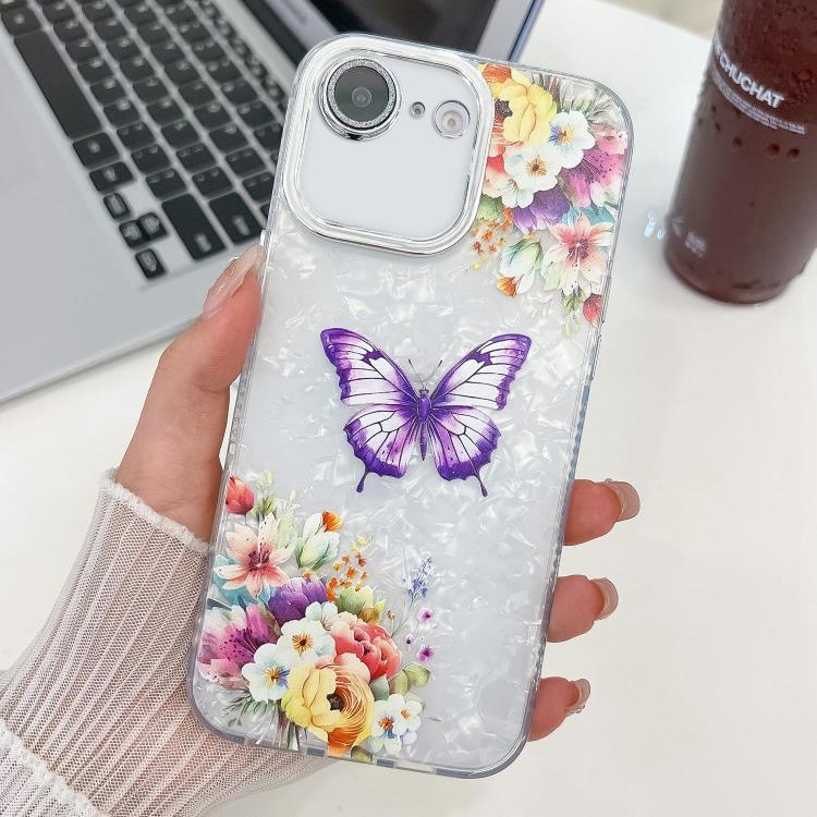 For iPhone 16e Plating Texture Butterfly TPU Phone Case with Glitter Lens Film(Flowers Butterflies HU1)