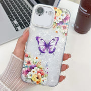 For iPhone 16e Plating Texture Butterfly TPU Phone Case with Glitter Lens Film(Flowers Butterflies HU1)
