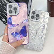 For iPhone 16e Plating Texture Butterfly TPU Phone Case with Glitter Lens Film(Purple Butterflies HU4)