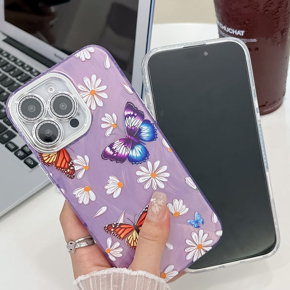 For iPhone 16e Plating Texture Butterfly TPU Phone Case with Glitter Lens Film(Silver Butterflies HU6)