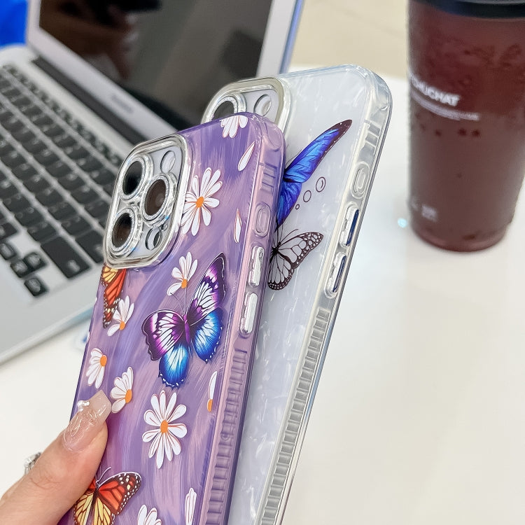 For iPhone 16e Plating Texture Butterfly TPU Phone Case with Glitter Lens Film(Silver Butterflies HU6)
