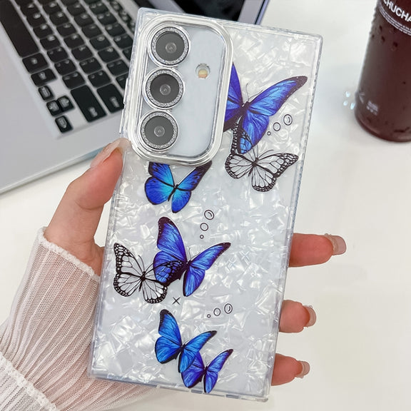 For Samsung Galaxy S25 5G Plating Texture Butterfly TPU Phone Case with Glitter Lens Film(Blue Butterflies HU3)