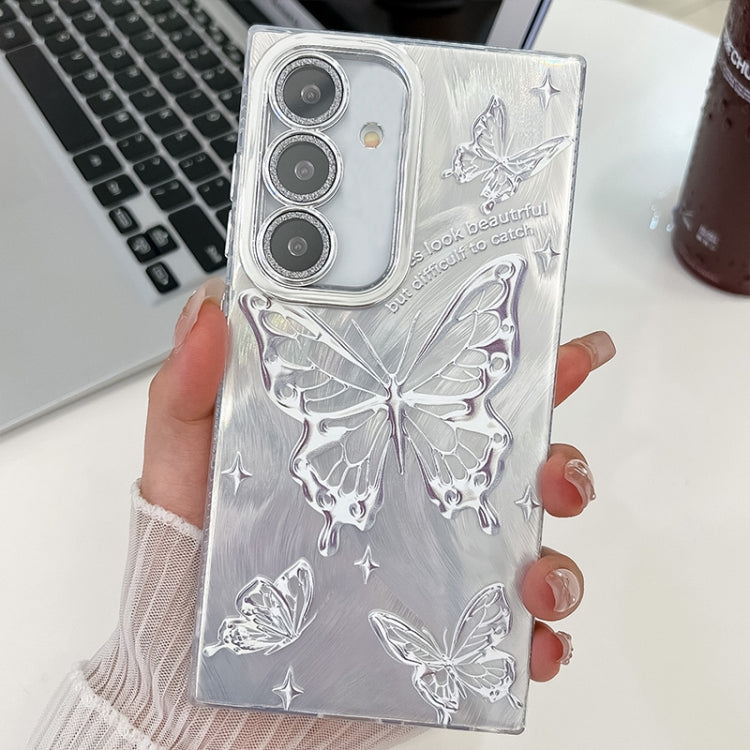 For Samsung Galaxy S25 5G Plating Texture Butterfly TPU Phone Case with Glitter Lens Film(Silver Butterflies HU6)