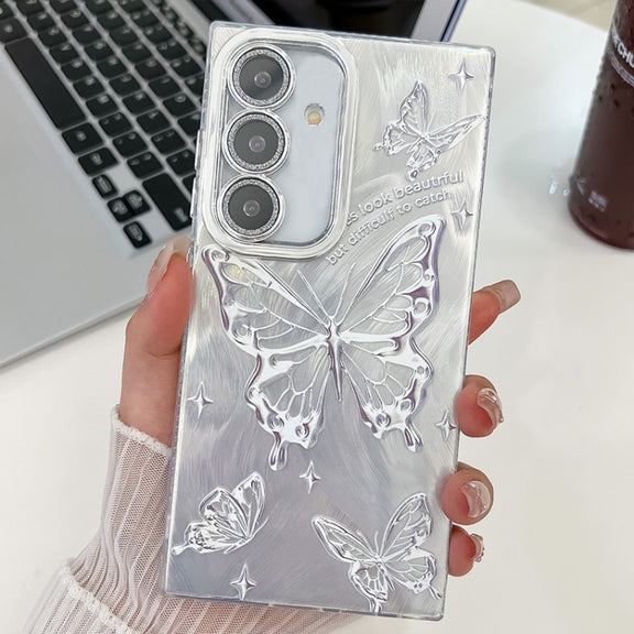 For Samsung Galaxy S25 5G Plating Texture Butterfly TPU Phone Case with Glitter Lens Film(Silver Butterflies HU6)