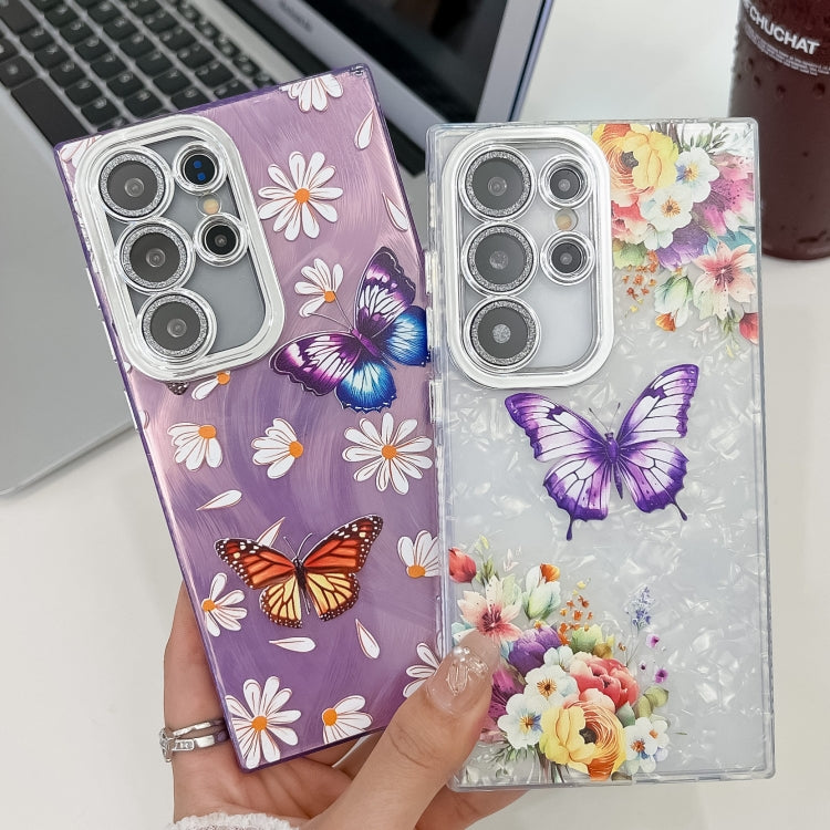 For Samsung Galaxy S25 5G Plating Texture Butterfly TPU Phone Case with Glitter Lens Film(Blue Butterflies HU3)