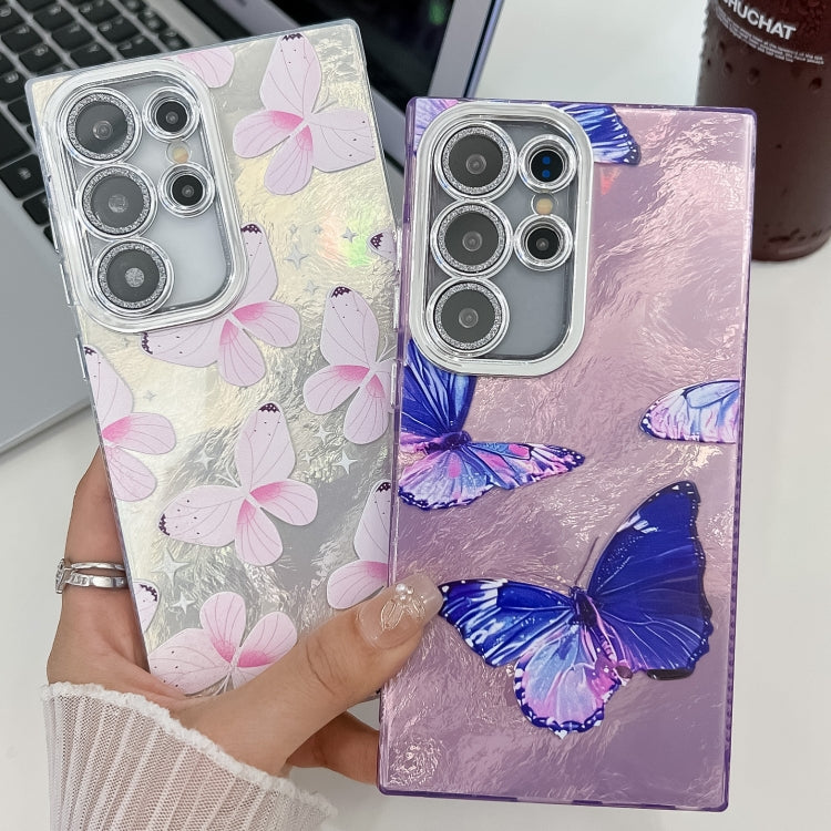 For Samsung Galaxy S25 5G Plating Texture Butterfly TPU Phone Case with Glitter Lens Film(Silver Butterflies HU6)