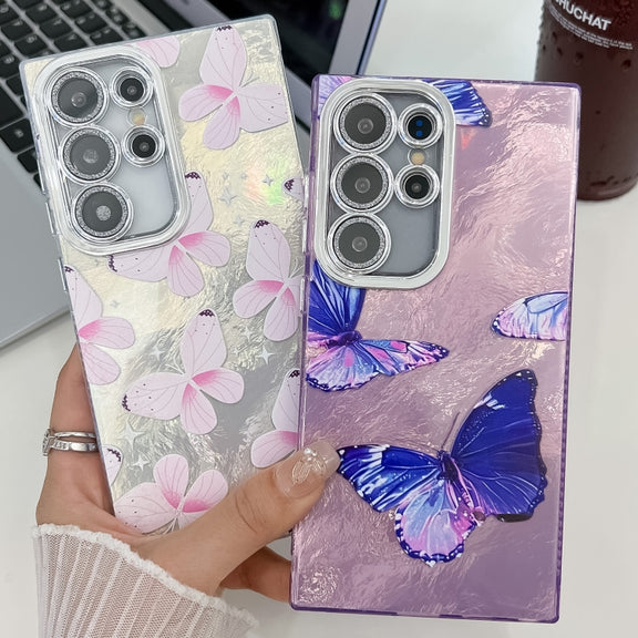 For Samsung Galaxy S25 5G Plating Texture Butterfly TPU Phone Case with Glitter Lens Film(Silver Butterflies HU6)