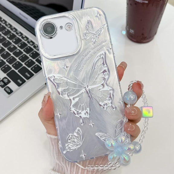 For iPhone 16e Plating Texture Butterfly Wristband TPU Phone Case with Glitter Lens Film(Silver Butterflies HU6)