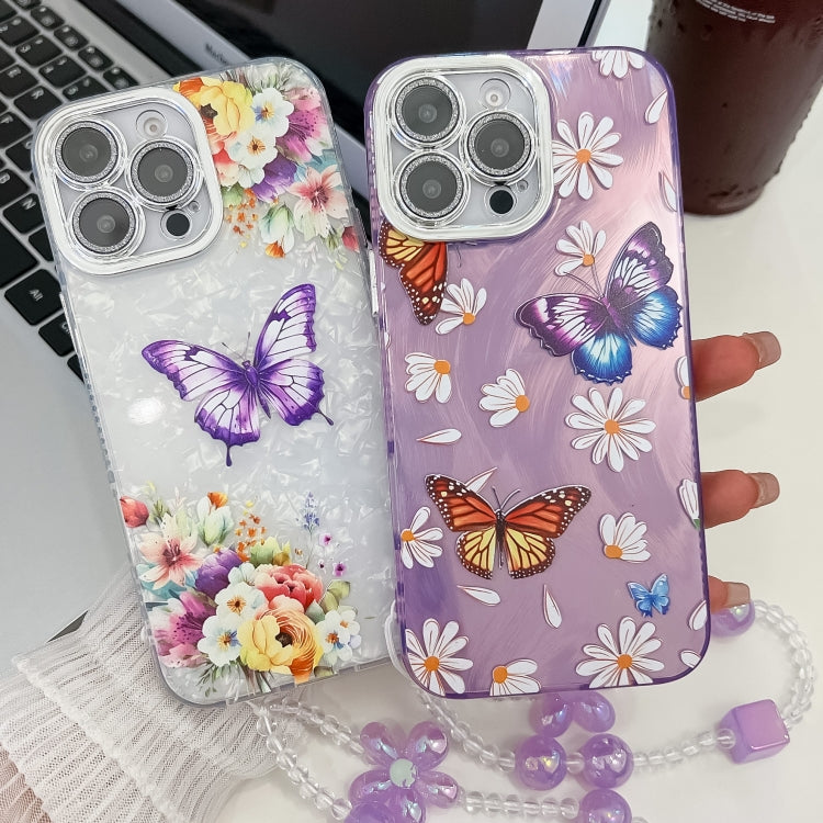 For iPhone 16e Plating Texture Butterfly Wristband TPU Phone Case with Glitter Lens Film(Purple Butterflies HU4)