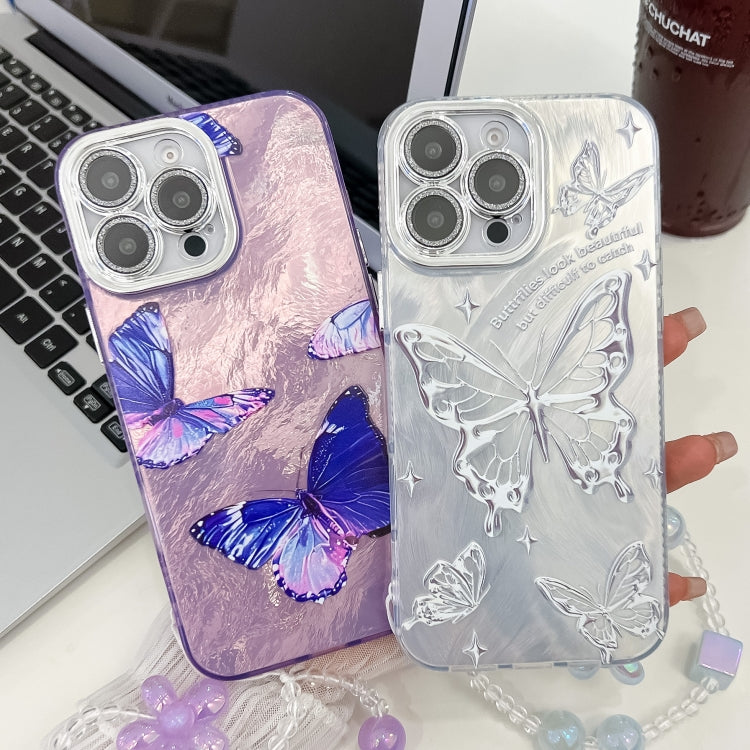 For iPhone 16e Plating Texture Butterfly Wristband TPU Phone Case with Glitter Lens Film(Silver Butterflies HU6)