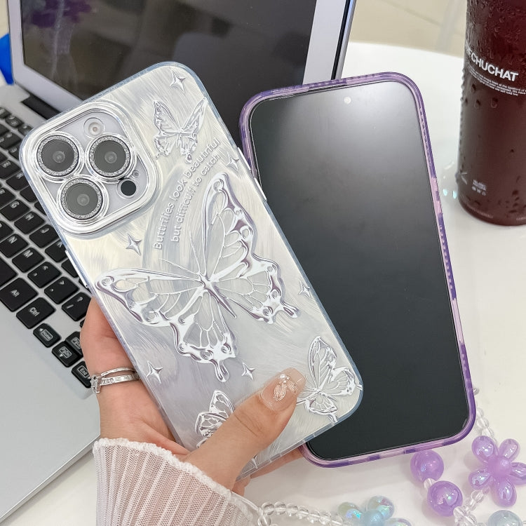 For iPhone 16e Plating Texture Butterfly Wristband TPU Phone Case with Glitter Lens Film(Pink Butterflies HU5)
