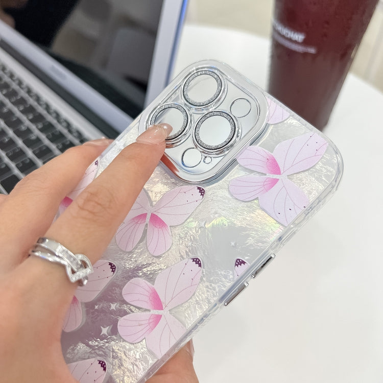 For iPhone 16e Plating Texture Butterfly Wristband TPU Phone Case with Glitter Lens Film(Silver Butterflies HU6)