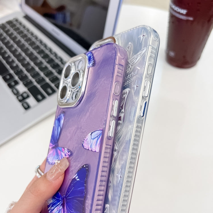 For iPhone 16e Plating Texture Butterfly Wristband TPU Phone Case with Glitter Lens Film(Silver Butterflies HU6)