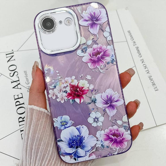 For iPhone 16e Electroplating Flowers Plants Texture TPU Phone Case(Purple Flowers FL1)