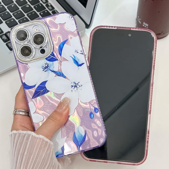 For iPhone 16e Electroplating Flowers Plants Texture TPU Phone Case(Blue Flower FL13)
