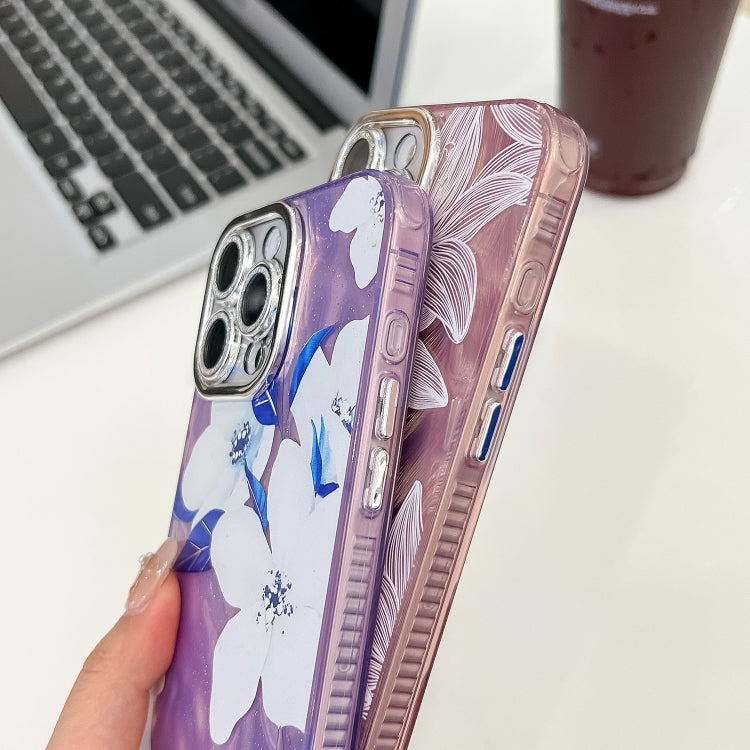 For iPhone 16e Electroplating Flowers Plants Texture TPU Phone Case(Pale Purple FlowerFL11)
