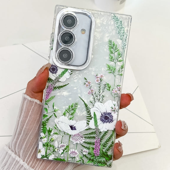 For Samsung Galaxy S25 5G Electroplating Flowers Plants Texture TPU Phone Case(Green Plants FL5)