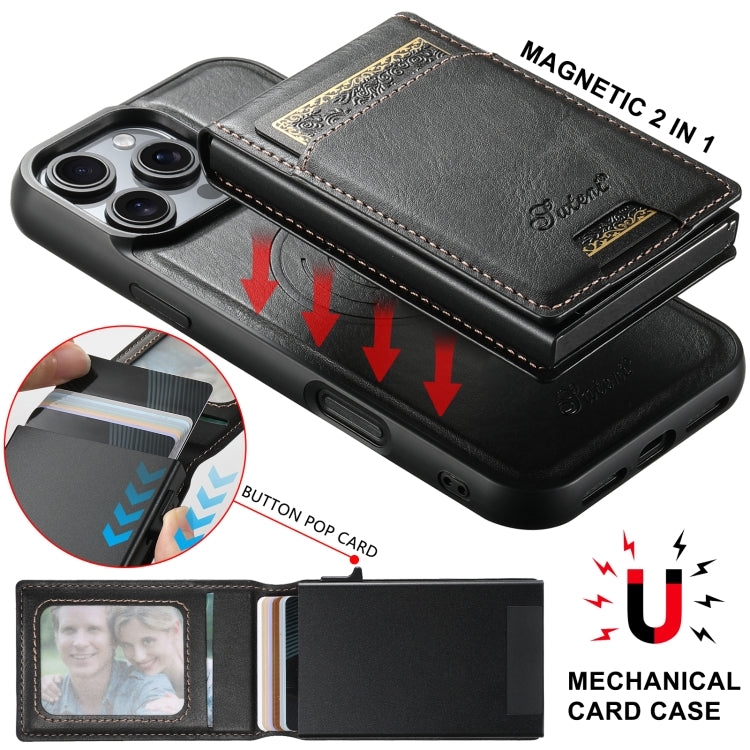 For iPhone 16 Plus Suteni H19 Oil Wax 2-in-1 MagSafe Removable Card Box Back Phone Case(Black)