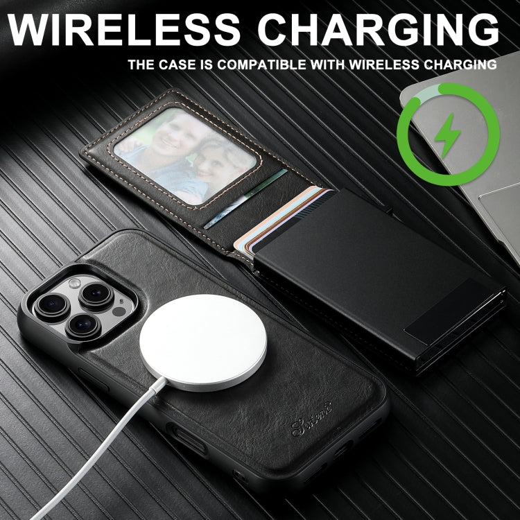 For iPhone 16 Plus Suteni H19 Oil Wax 2-in-1 MagSafe Removable Card Box Back Phone Case(Black)