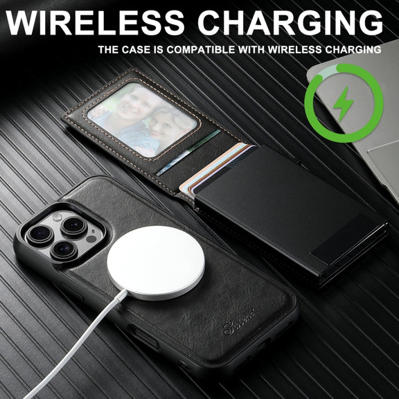 For iPhone 16 Plus Suteni H19 Oil Wax 2-in-1 MagSafe Removable Card Box Back Phone Case(Black)